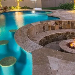 Noce travertine bullnose pool coping tiles brown tiles beige tiles cream tiles round edge pool tiles